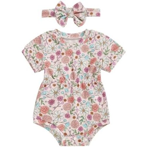 Karwuiio Newborn Baby Girl 2 Piece Outfits Short Sleeve Knit Jumpsuit Romper with Headband Summer Clothes