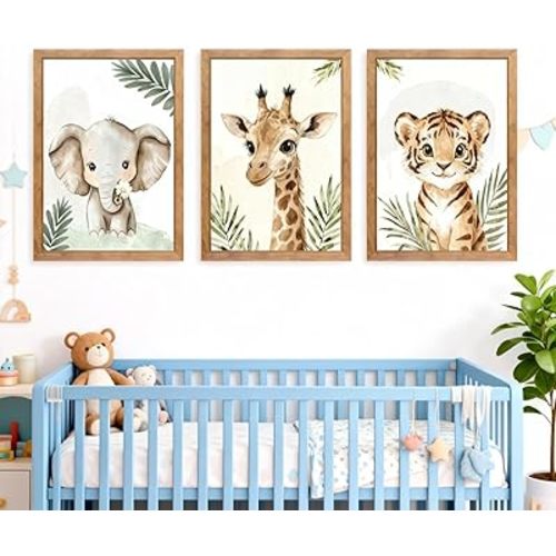 3 Set Safari Nursery Wall Decor, 11x16 Inch Framed Cute Giraffe Elephant Tiger Print Sign, Jungle Theme Cartoon Animal Wall Art for Baby Girl Boy Room Decoration, Natural