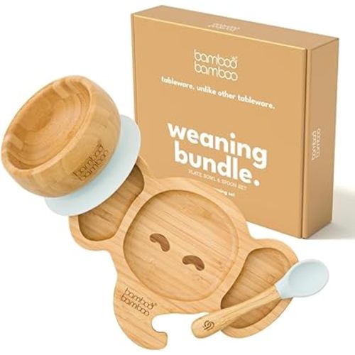 Bamboo Baby Bowl and Plate with Suction - Kids and Toddler Suction Cup Plate for Babies, Non-toxic All-Natural Bamboo Baby Food Plate Stays Cool to the Touch for Baby-Led Weaning (Elephant)