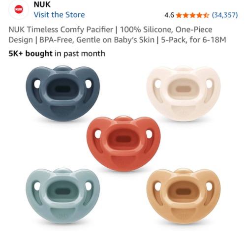 NUK Timeless Comfy Pacifier | 100% Silicone, One-Piece Design | BPA-Free, Gentle on Baby’s Skin | 5-Pack, for 6-18M