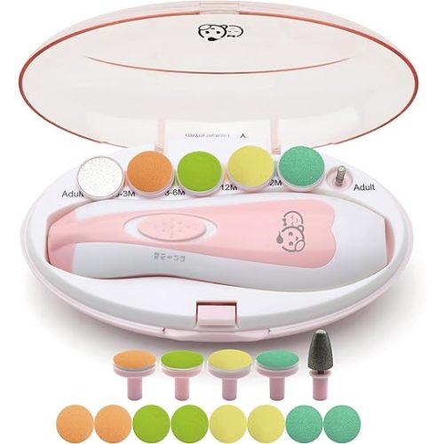 Baby Nail Trimmer 21 in 1, Usage Labeled Case & 13 Extra Replacement Tools, Royal Angels Baby Electric Nail File, Baby Nail Care, Nail Clipper Newborn Toddler Toes & Fingernails Nail Kit (Pink)