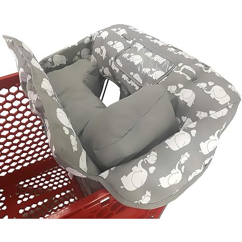 Soft Pillow Attached 2-in-1 Shopping Cart and High Chair Cover for Baby, Cotton Padded Cart Cover, Fold'n Roll Style, Portable with Carry Bag (Elephant)