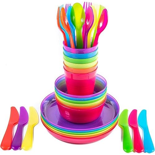 Kids Plastic Dinnerware Set of 36 Multi Color Pieces (Plates, Bowls, Cups and Flatware) - Reusable, BPA-Free, Dishwasher Safe and Microwaveable