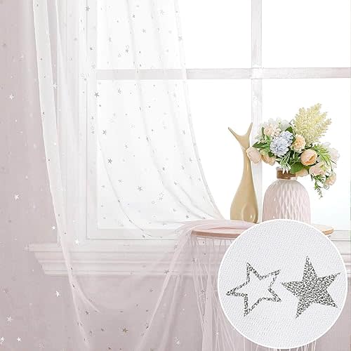 WUBODTI Semi Sheer Star Curtains Set of 2 Panels 63 Inch Length, Kids Bedroom White Starry Moon Transparent Short Window Curtain Rod Pocket Sparkly Space Theme Drapes for Boys Baby Room, White
