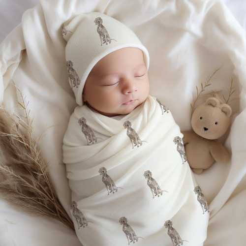 Watercolor Weimaraner Baby Swaddle Blanket + Beanie Set Newborn Gift for Dog Lover Weimaraner Mom Baby Shower Gift