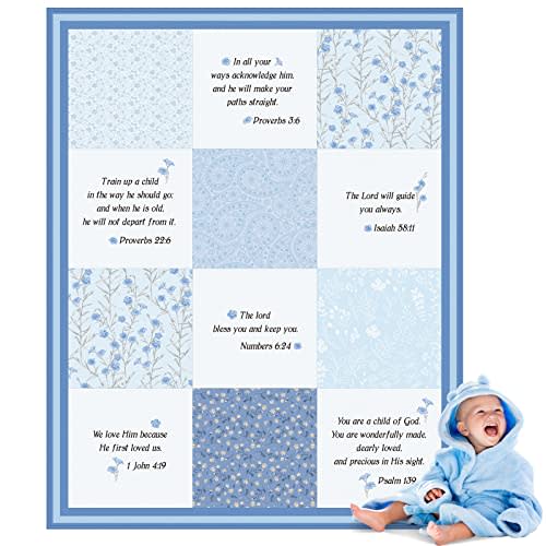 Oudain Christian Baby Blankets with Bible Verses Scripture Flowers Paisley Baby Receiving Baptism Blanket Christian Christening Gifts for Newborn Kids, 30 x 40 Inch(Blue)