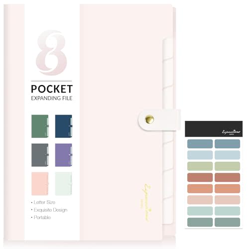 Sooez Elegant Accordion File Organizer with Labels, 8 Pocket Expanding File Folder, Portable Folders for Documents, Cute Paper Organizer for School Office Supplies, Letter Size, Off White
