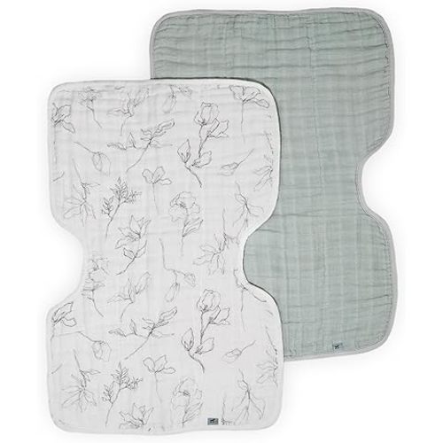 Little Unicorn 100% Certified Natural Organic Cotton Burp Cloth 2 Pack | Ultra-Absorbent & Soft Muslin Fabric | Larger Size & Ergonomic Design (Pencil Floral + White Sage)