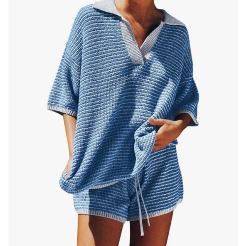 Tankaneo Womens Sweater Set 2 Piece Outfits Oversized 3/4 Sleeve V Neck Knit Tops High Waisted Shorts Lounge Sets