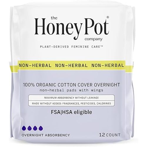 The Honey Pot Company - Pads for Women - Non-Herbal Overnight Pads w/Wings - Organic Cotton Cover, & Ultra-Absorbent Pulp Core - Sanitary Pads for Women - Feminine Care - FSA & HSA Eligible - 12 ct