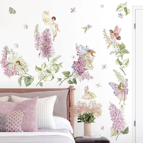 wondever Purple and White Lilac Flower Wall Stickers Fairy Floral Elf Peel and Stick Wall Art Decals for Girls Bedroom Kids Room Baby Nursery
