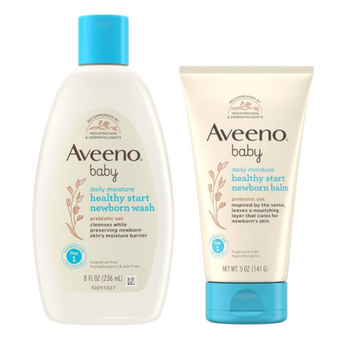 Bundle of Aveeno Baby Healthy Start Newborn Wash, Hypoallergenic Baby Body Wash with Prebiotic Oat, Fragrance-Free, 8 fl. oz + Newborn Balm, Baby Skin Balm with Prebiotic Oat , Fragrance-Free, 5 oz