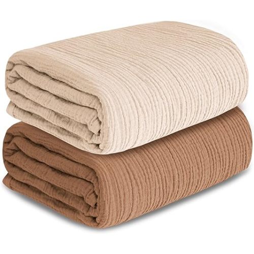 Muslin Swaddle Blankets for Newborn, 2 Pack Breathable Soft Receiving Blanket, Large 41 x 41 inches Swaddle Wrap Burping Clothes, Essentials Infant Shower Items. (Beige & Coffee)