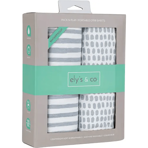 Ely’s & Co. Patent Pending Waterproof Pack N Play, Mini Crib Sheet 2-Pack Set for Baby Boy - 100% Cotton, Jersey Knit Cotton Sheets with Waterproof Lining — Misty Blue, Stripes and Splashes