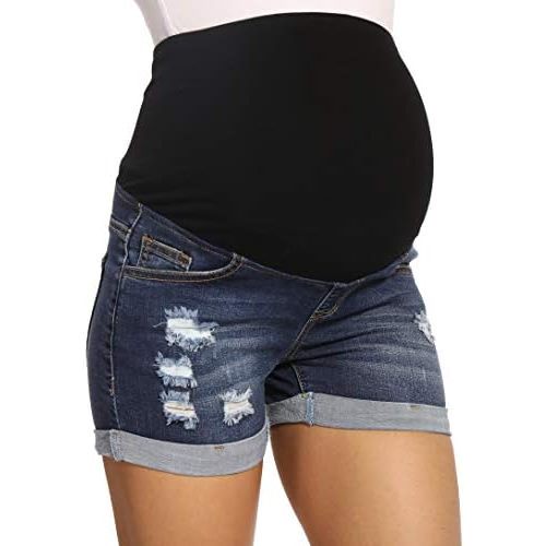 V VOCNI Maternity Denim Shorts Women's Summer High Waist Distressed Cuffed Hem Casual Denim Jeans Short