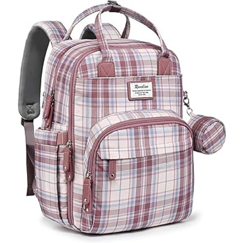 RUVALINO Diaper Bag Backpack - Multifunction Waterproof Travel Backpack, Maternity Baby Bag with Changing Pad & Stroller Ring & Pacifier Case - Travel Essentials & Baby Registry Search - Pink Plaid