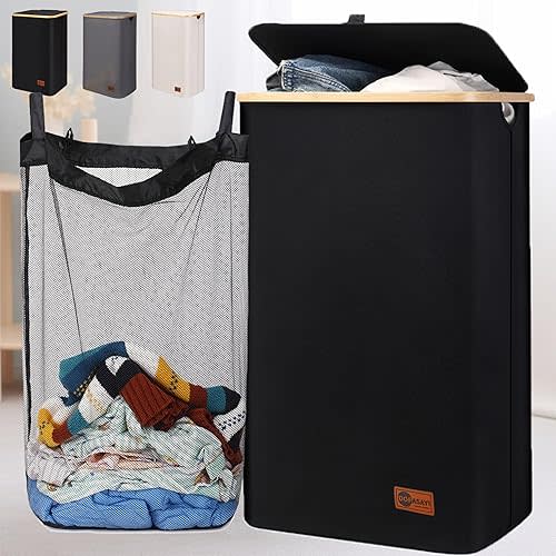 120L Laundry Hamper with Lid - Tall Laundry Basket with Removable Laundry Bag, Bamboo Handles, Collapsible, Sturdy, Clothes Hamper for Bedroom, Bathroom, Dorm, Laundry Room, Black
