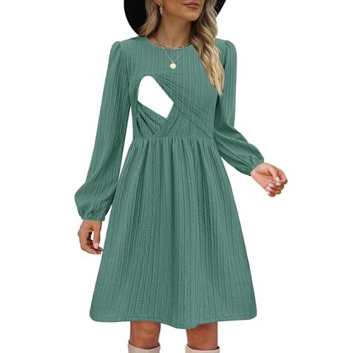 CzzzyL Women Nursing Dress Long Sleeve Round Neck Maternity Flowy Knee Length Babydoll