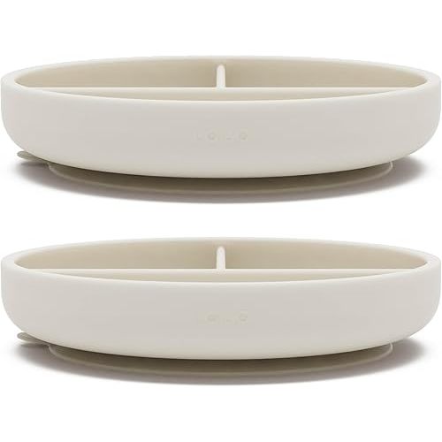 Lalo Suction Plates - 2 Pack, 100% Silicone Non-Toxic BPA-Free Baby Plates with Suction Base To Prevent Accidental Tip-Overs - Suction Plates for Toddlers With Three Divided Sections - Oatmeal