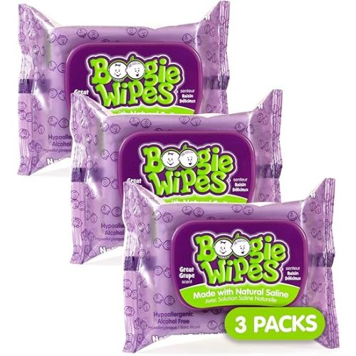 Saline Nose Wipes by Boogie, for Baby & Kids, Face, Hand & Body, FSA/HSA Eligible, Made with Vitamin E, Aloe, and Natural Saline, Grape Scent, 30 Count (Pack of 3)