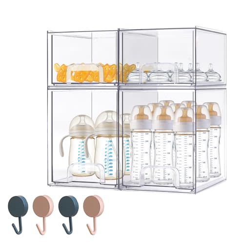 zebrater Baby Bottle Organizer-4 Pack Stackable Storage Drawers, Baby Organizers and Storage with Hooks, Clear Acrylic Multipurpose Bottle Storage for Countertop,Kitchen,Cabinet,Vanity,Bathroom
