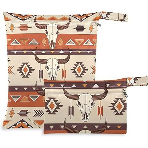 Burbuja Western Aztec Wet Dry Bags for Baby Cloth Diaper 2 Pack, Waterproof Reusable Wet Bag with 2 Zippered Pockets for Travel Swimsuit Gym Clothes Toiletries Stroller