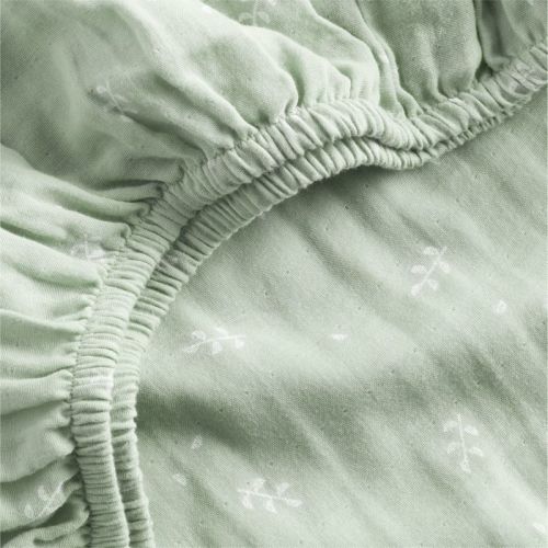 Supersoft Muted Teal Leaf Print 100% Organic Cotton Gauze Baby Crib Fitted Sheet