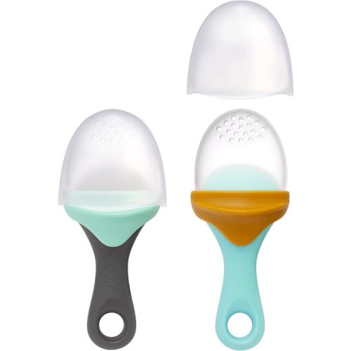 Boon Pulp Silicone Baby Fruit Feeder - Soft Silicone Baby Feeding Set - Fruit and Vegetable Baby Led Weaning Supplies - Baby Feeding Essentials - Blue/Mustard and Gray/Mint - 2 Count