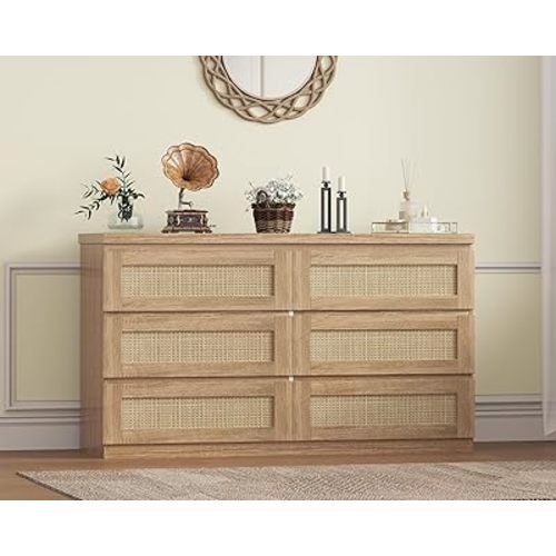 GarveeHome Rattan Dresser for Bedroom with 6 Drawers, 47" Modern Farmhouse Wide Chest of Drawers, Wood Storage Cabinet Organizer for Closet, Living Room, Hallway