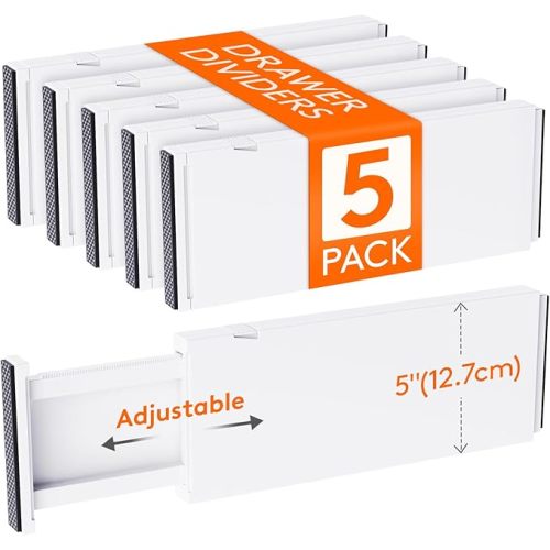 Lifewit 5 Pack 5" High Drawer Dividers 34-56cm/13.5-22" Adjustable Drawer Organizer for Clothes/Utensils, Expandable Drawer Separator in Dresser/Kitchen/Bedroom/Office Organization & Storage White