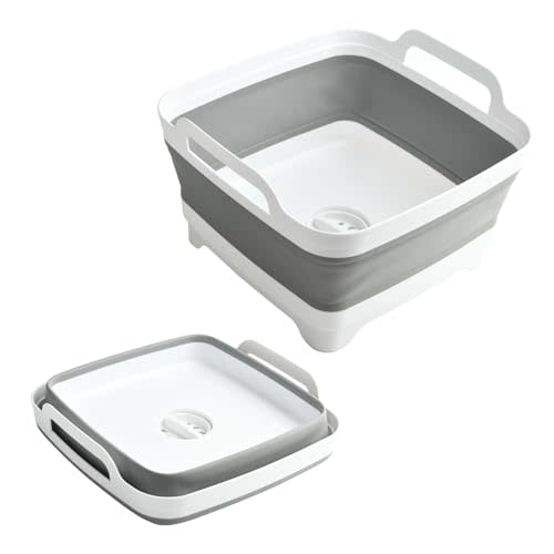 Collapsible Dish Basin Foldable Kitchen Sink With Drain Plug Plastic Laundry Tub 9L/2.4Gal RV & Camping Wash Basin Space-Saving Bottle Washing Sink(Gray)