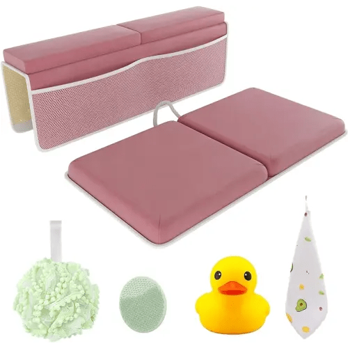 Sleepah Bath Kneeler and Elbow Kneeling Rest Pad Set for Baby Bathing – Waterproof Soft Memory Foam Mat Organizer Baby & Toddler Bath Time Toys Sponge (Pink)