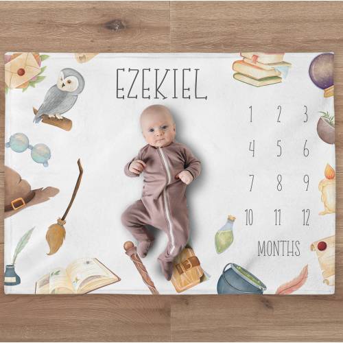 Personalized Wizard Milestone Baby Blanket, Custom Magic Month Blanket, Wizard Milestone Quilt, Newborn Gift, Baby Shower Gift