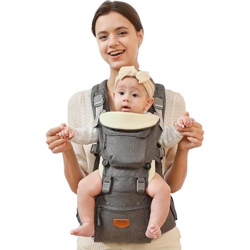 SUNVENO Baby Hipseat Ergonomic Baby Carrier Soft Cotton 6 in 1 Safety Infant Newborn Hip Seat for Home, Outdoor, Travel, 6-36 Months Babies Girls and Boys, Grey
