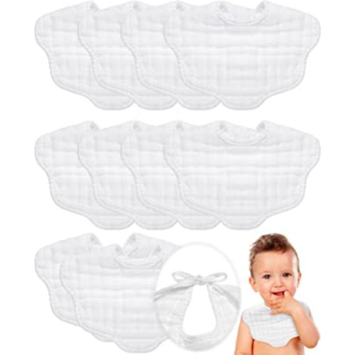 Yahenda 10 Pack Muslin Bibs Baby Drool Bibs White Bandana Bibs Absorbent Teething Bibs Cotton Cloths Plain Bibs with Adjustable Straps for Unisex Baby Burp Newborn Infant Toddler, 0-2 Years Old