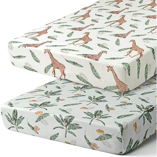 Pack n Play Sheets, BROLEX 2 Pack Mini Crib Sheets,Stretchy Portable Fitted Playard Sheet Set, Convertible Playard Mattress Cover,Ultra Soft Breathable Material,Giraffe Leaf
