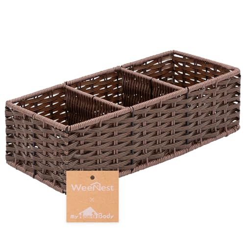 myHomeBody Wicker Basket With 3 Compartments, For Toilet Tank Paper Rolls, Hand Woven Bathroom Countertop Organizer, Bedroom Organization, 1pc, Dark Walnut