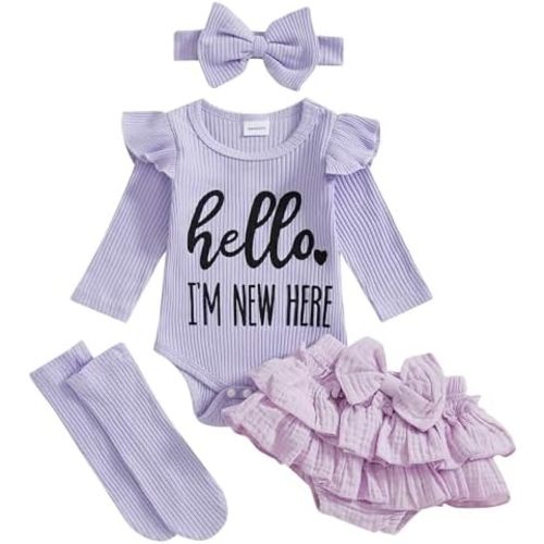 Im New Here Newborn Baby Girl Outfit Ruffle Romper Tiered Tutu Dress Shorts Headband Socks Coming Home Clothes Set