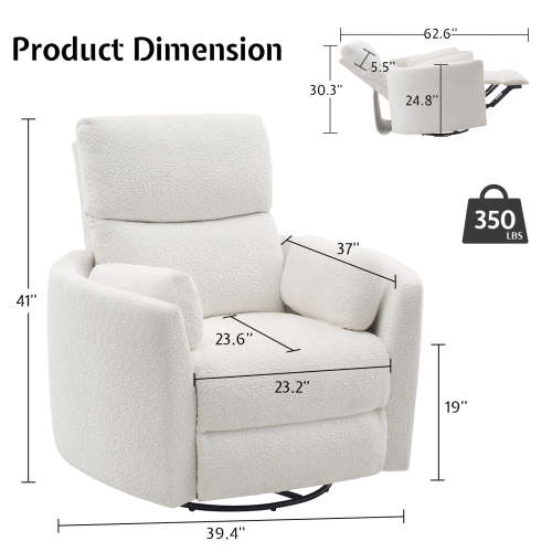 Merluxy Power Swivel Recliner Chair with USB Charging & 2 Pillows, Glider Rocker for Nursery and Living Room, White Teddy