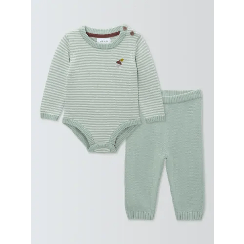 John Lewis Baby Knitted Stripe Long Sleeve Bodysuit and Trousers Set, Green Multi