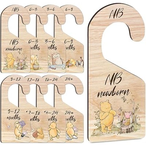 8Pcs Winnie Baby Closet Dividers, Winnie Baby Clothes Dividers for Closet, Newborn Baby Stuff for Baby Boys Girls, Wooden Double-Sided Baby Hanger Organizer from Newborn to Toddler