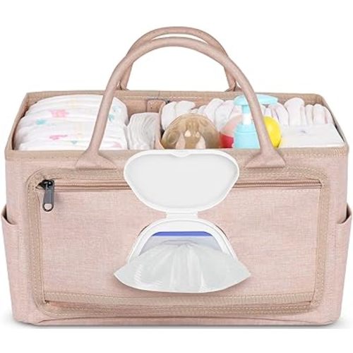 Baby Diaper Caddy Organizer with Wipes Pocket, Car Caddy, Portable Storage Basket for Diaper Chaning Station, Gift for Newborn Baby Essentials Shower and Registry Must Haves, Beige