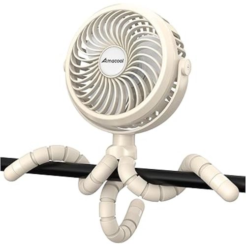 AMACOOL Battery Operated Stroller Fan Flexible Tripod Clip On Fan with 3 Speeds and Rotatable Handheld Personal Fans for Car Seat Crib Bike Treadmill (Beige)