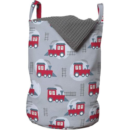 Lunarable Train Laundry Bag, Cartoon Pattern of Digital Drawn Locomotive Pattern with Railroad Tracks, Hamper Basket with Handles Drawstring Closure for Laundromats, 13" x 19", Purpleblue Dark Pink