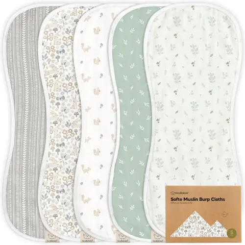 5-Pack Muslin Burp Cloths Baby Boy, Girl - Very Absorbent Baby Burp Cloth Rags, 8-Layers Viscose Derived from Bamboo Cotton Muslin Towel, Super Soft Spit Up Rags, No Shrink Washcloths (Prairie)