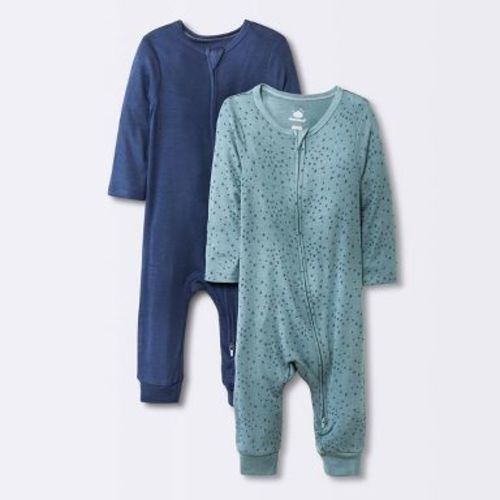 Baby Boys' 2pk Stars So Very Soft Modal Blend Romper - Cloud Island™ Navy Blue Newborn: Long Sleeve, Front Zipper