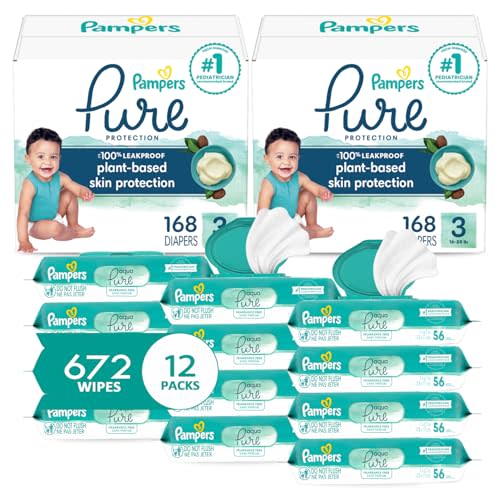 Pampers Pure Protection Disposable Baby Diapers Size 3, 2 Month Supply (2 x 168 Count) with Aqua Pure Sensitive Baby Wipes, 12X Pop-Top Packs (672 Count)
