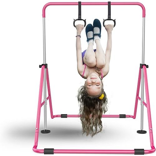 Crystal Stone Steel Gymnastics Bar Sturdy Material for Girls & Kids Ages 6-14 Adjustable Height Knob at Home Foldable,Outdoor,Horizontal Bar with Rings