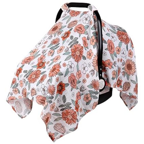 Rquite Infant Car Seat Cover for Babies Girls, 100% Muslin Cotton Carseat Canopy, Breathable Stroller Sun Shade, Baby Shower Gift & Newborn Essentials, Universal Fit Summer & Hot Weather (Floral)