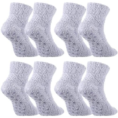 Foaincore 4 Pack Non Slip Hospital Socks for Women Men Non Slip Ankle Fuzzy Socks Thick Warm Festival Gifts